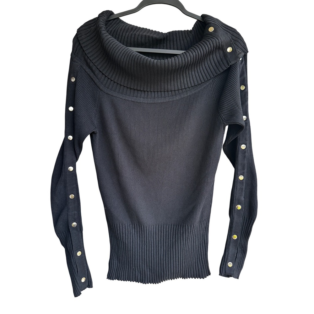 Cache Vtg Y2K Black Ribbed Cowl Neck Snap Button Sleeve Sweater Size Medium